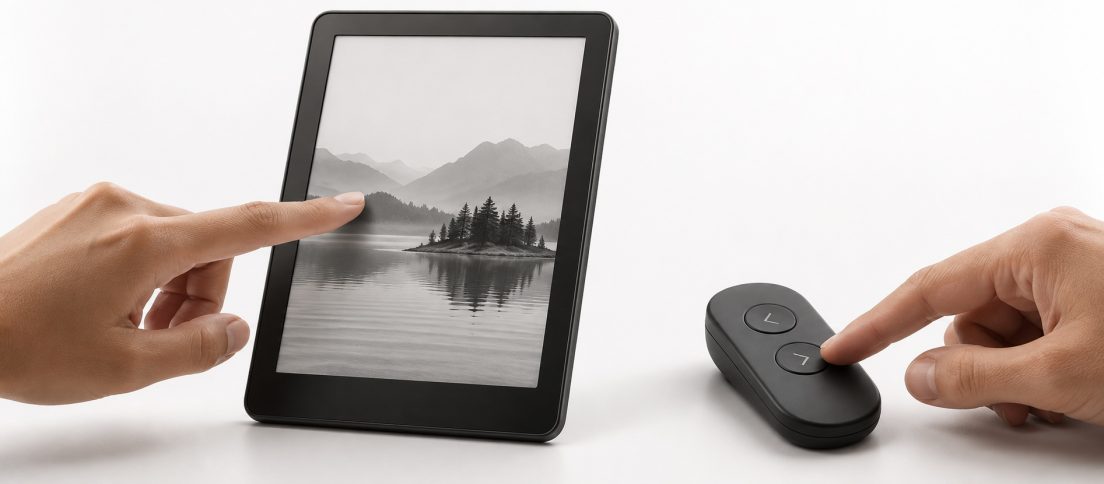 The Touchscreen Won. So Why Is Amazon Putting Buttons Back on the Kindle? Editorial illustration of an e-reader beside a physical page-turn controller, representing the return of tactile interaction to touchscreen devices.