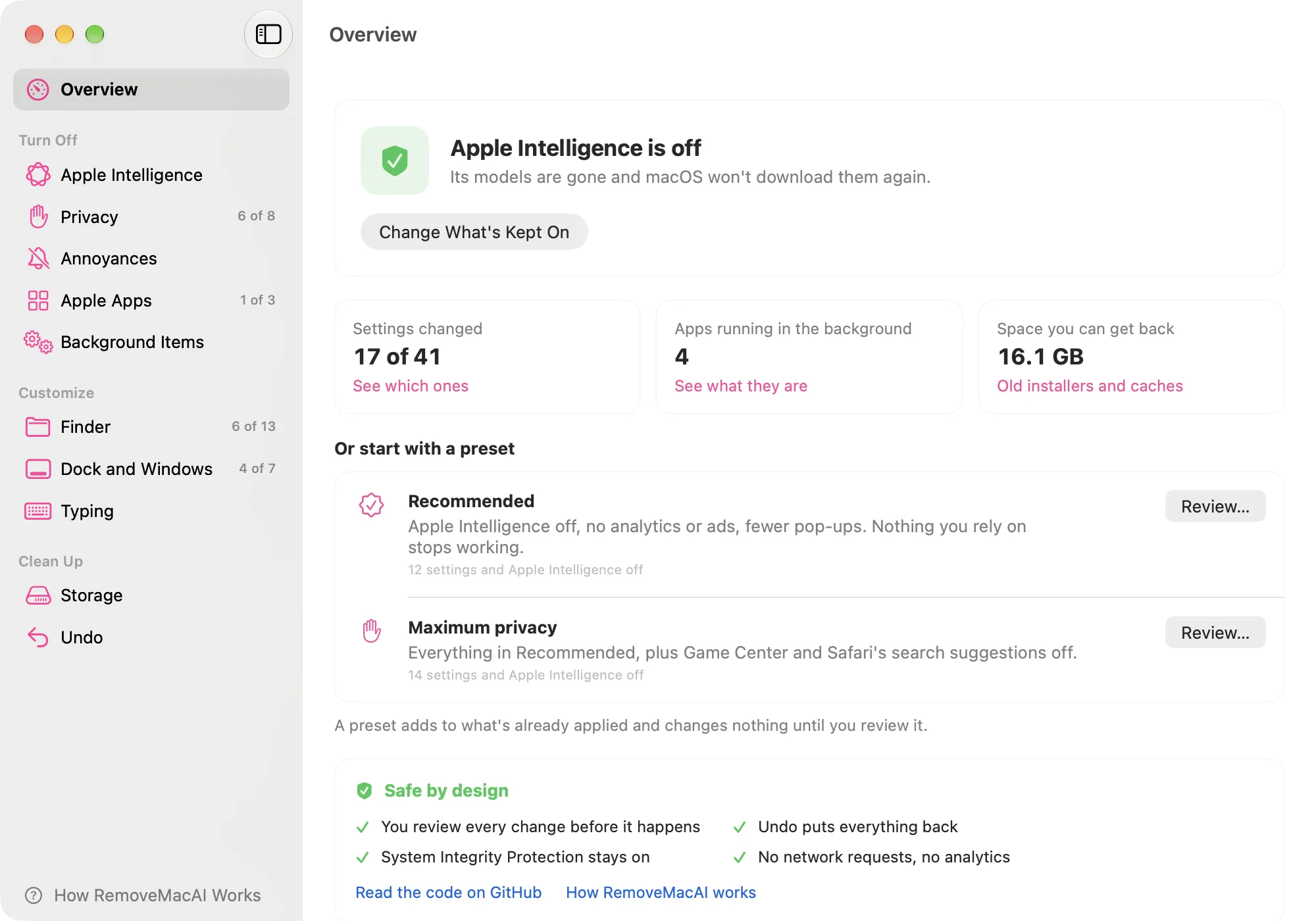 RemoveMacAI interface showing controls for Apple Intelligence and other macOS features.