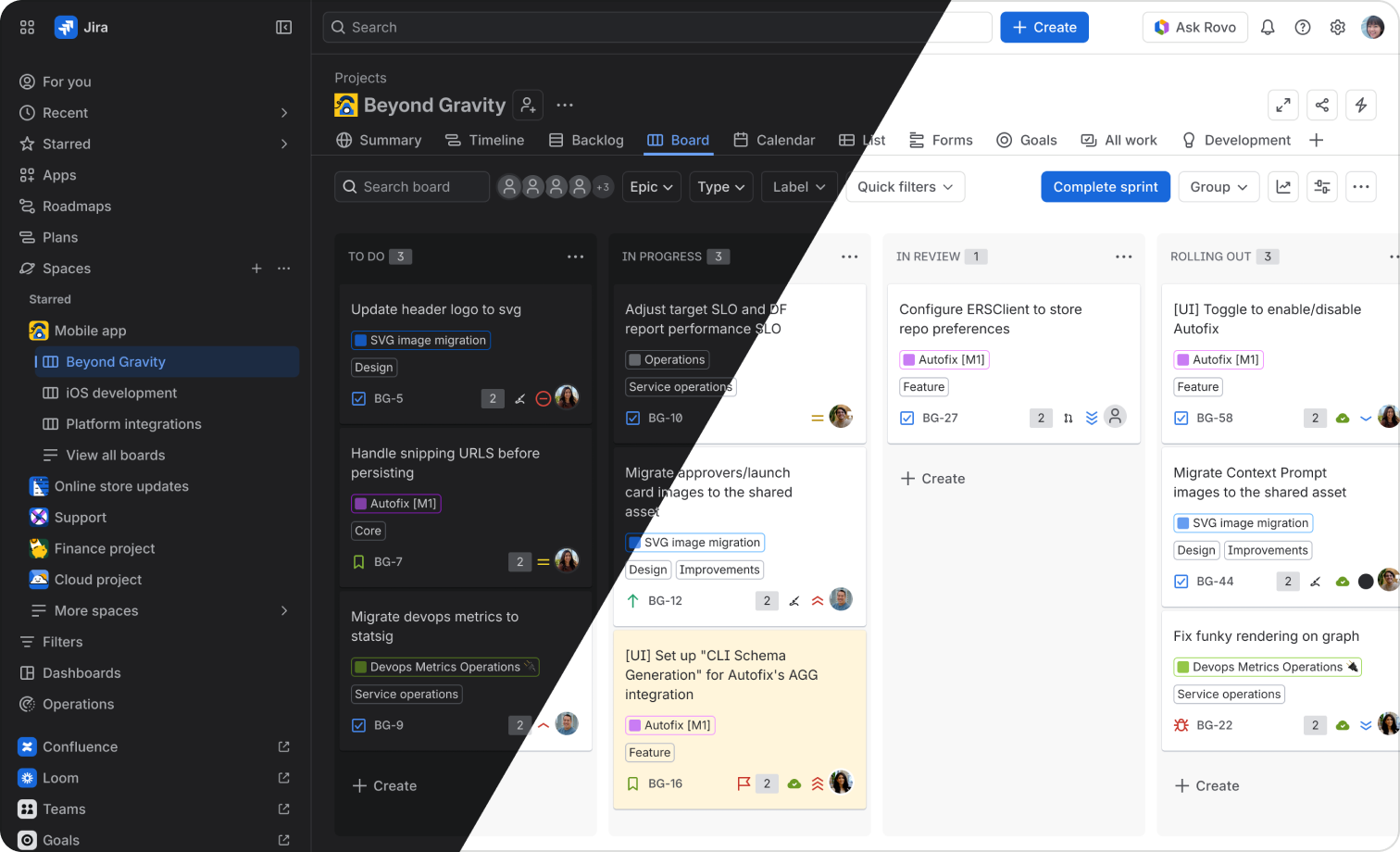Jira work board across light and dark themes with filters, task columns and detailed cards.
