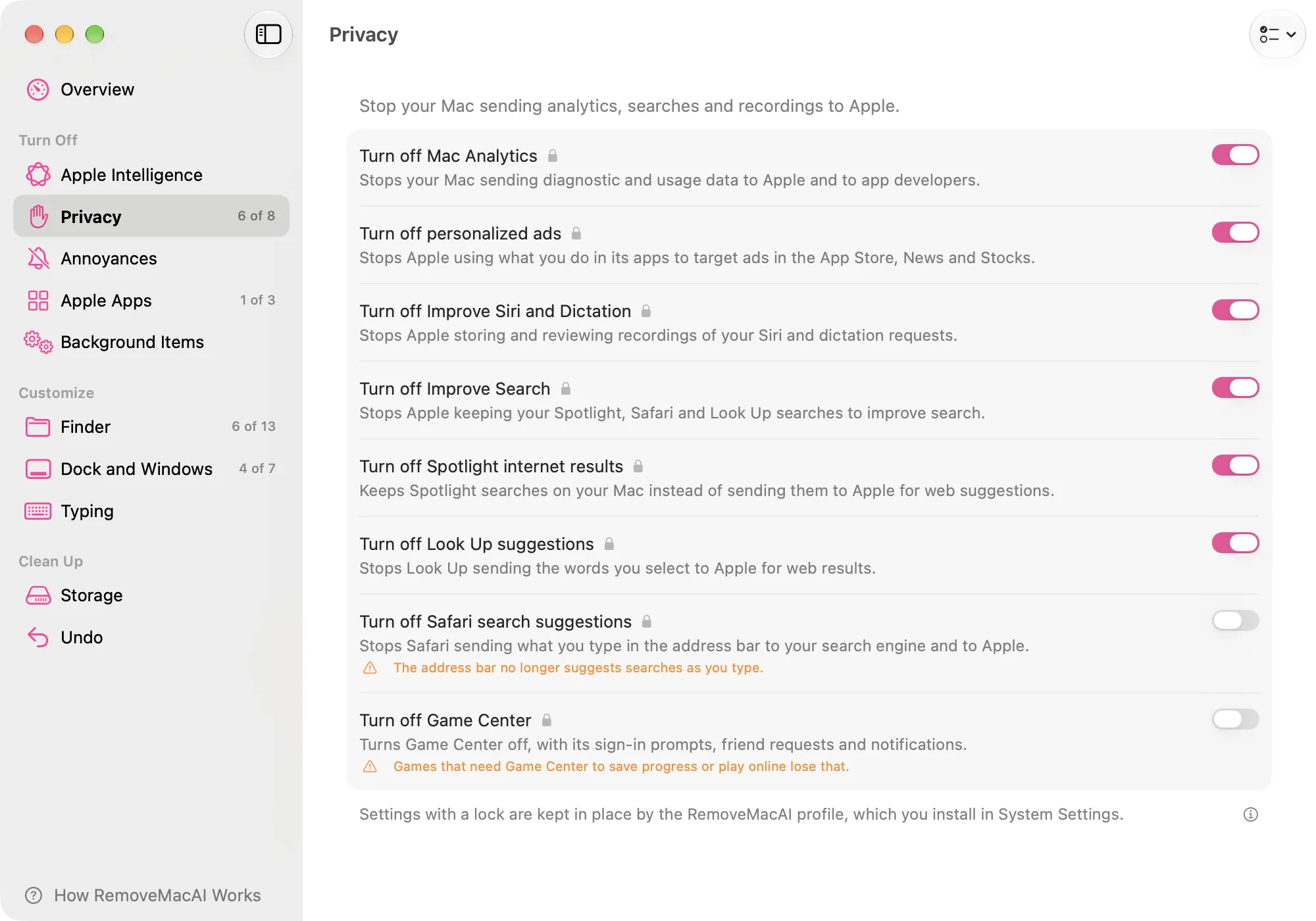 RemoveMacAI privacy controls showing granular options for analytics, ads and AI-related settings.
