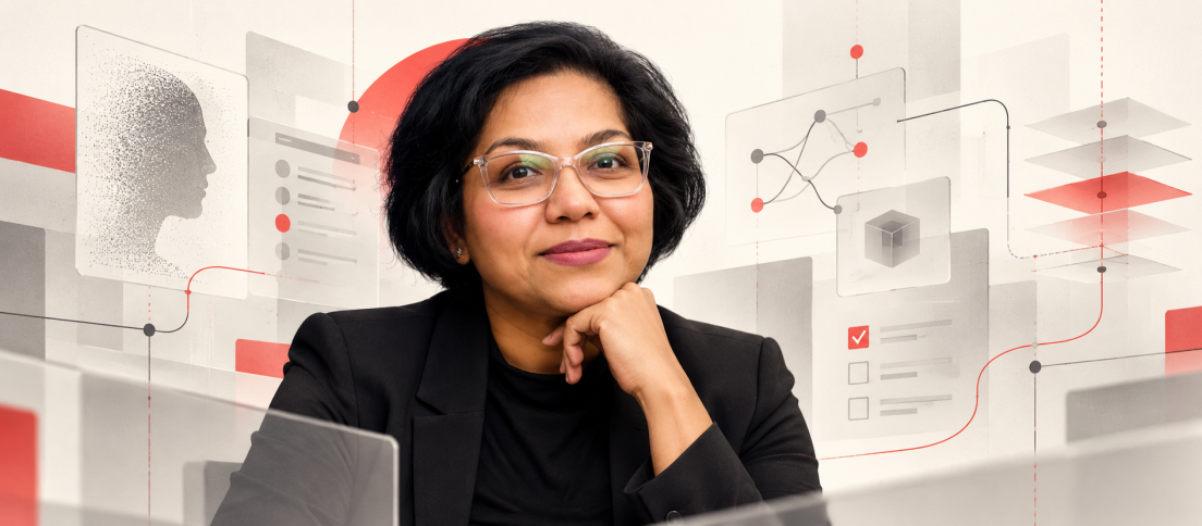 Editorial portrait of Sangeeta Parakala framed by translucent AI workflow panels, connected decision pathways and red intervention markers symbolizing meaningful human control.