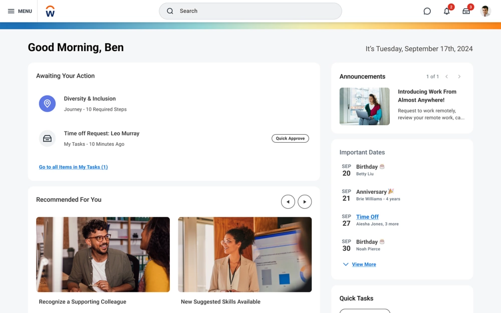 Workday employee home screen with pending tasks, recommended actions and personalised navigation.