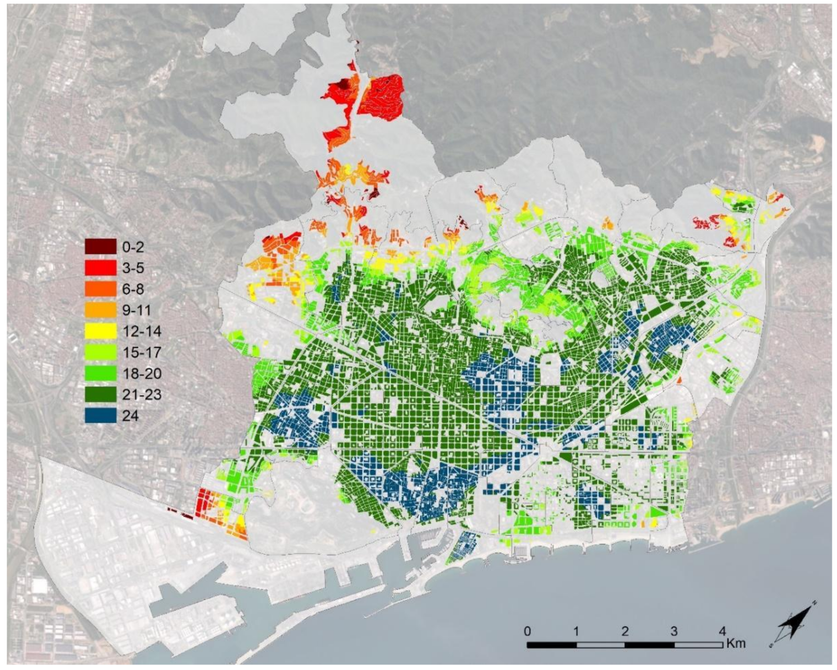 The 15-Minute City Has an Imaginary Resident Academic map of Barcelona shaded by the number of 24 everyday services reachable within service-specific walking time thresholds.