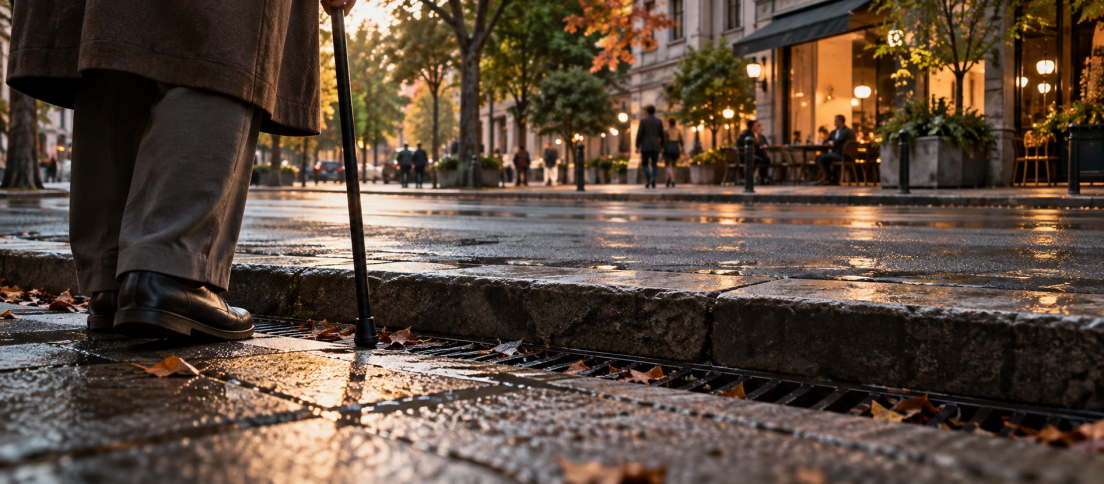 An older person with a walking cane faces a high wet curb and drainage grate while an inviting city street and neighbourhood cafés glow in the distance.